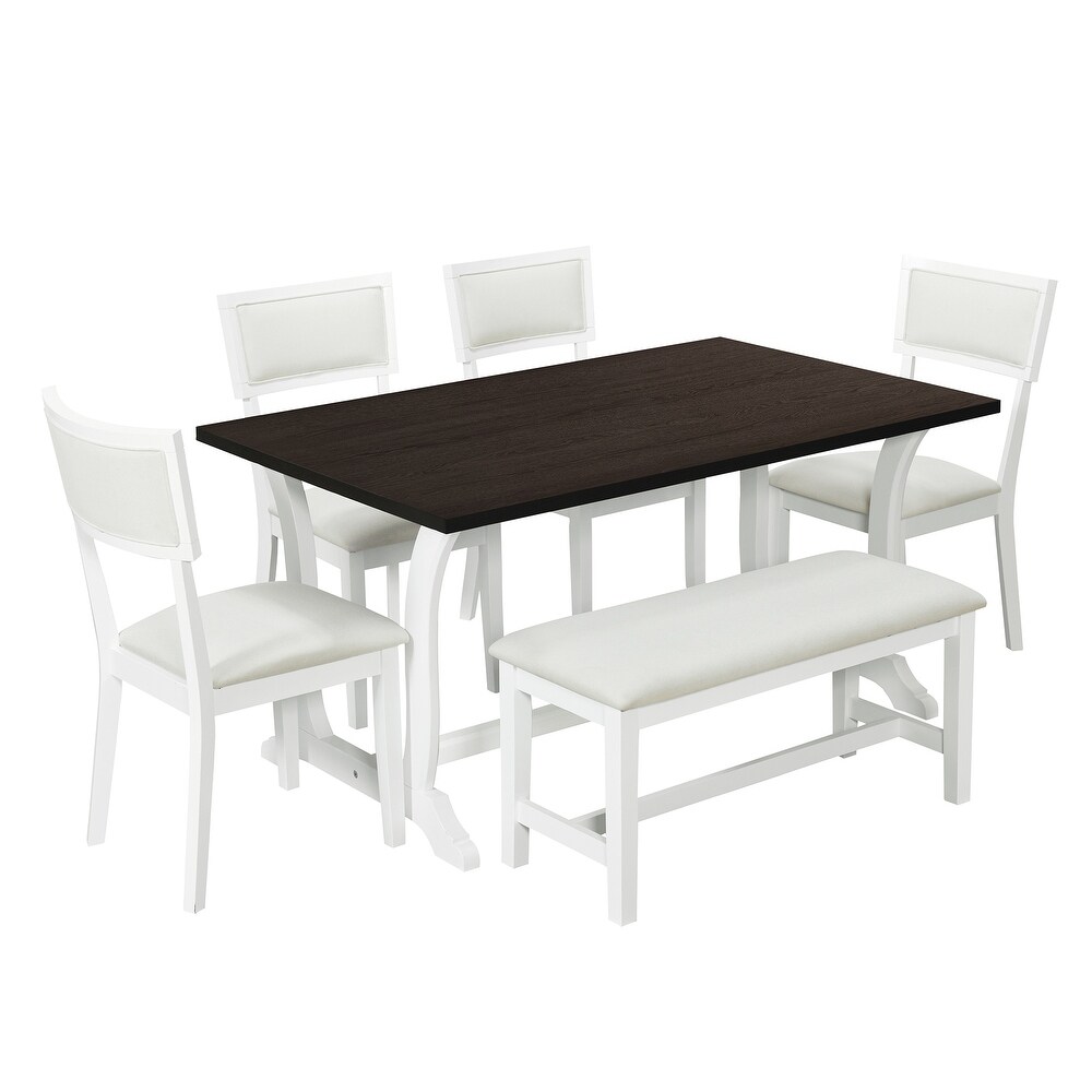 6 Piece Solid Wood Trestle Dining Table Set with 59inch Rectangular Table and 4 Linen Padded Backs Dining Chairs   Bench