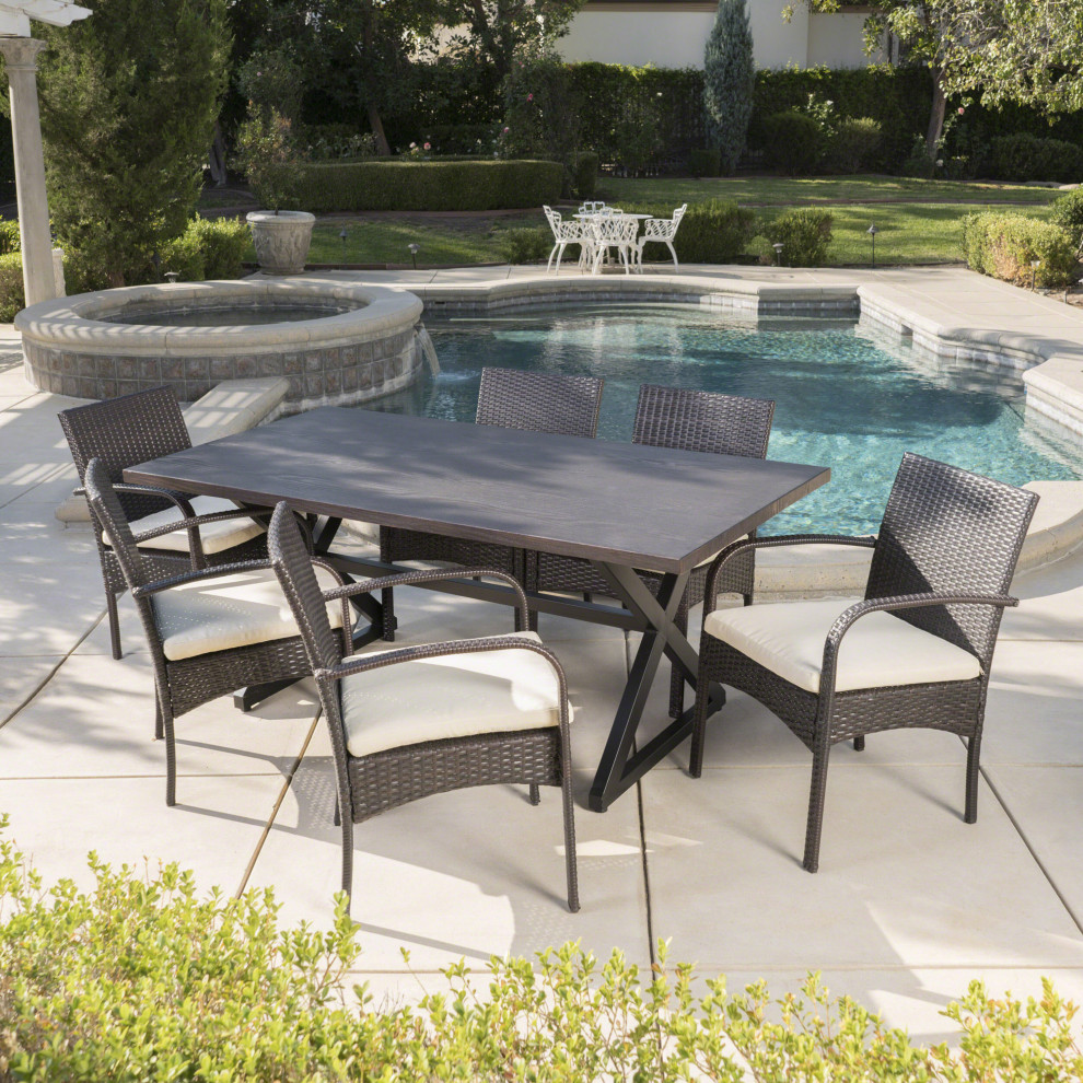 GDF Studio 7 Piece Ashwood Outdoor Brown Aluminum Dining Set With Chairs   Tropical   Outdoor Dining Sets   by GDFStudio  Houzz