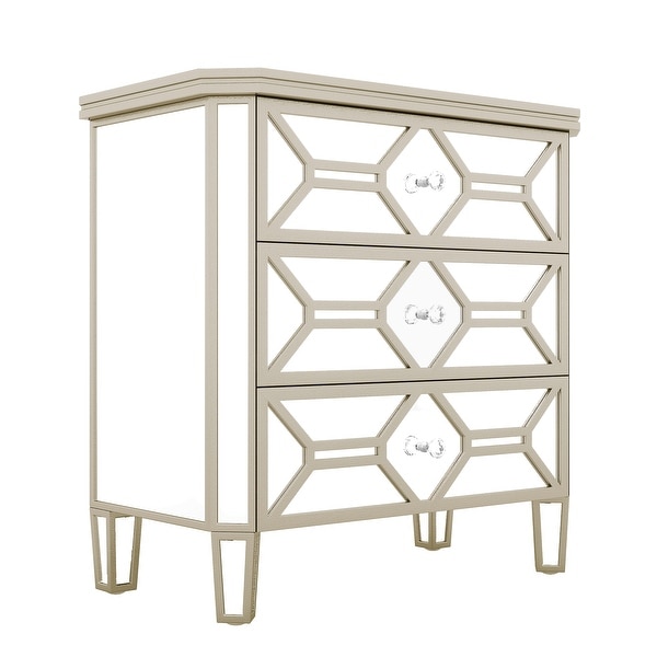 Elegant Mirrored 3-Drawer Chest with Golden Lines Storage Cabinet - - 37857299