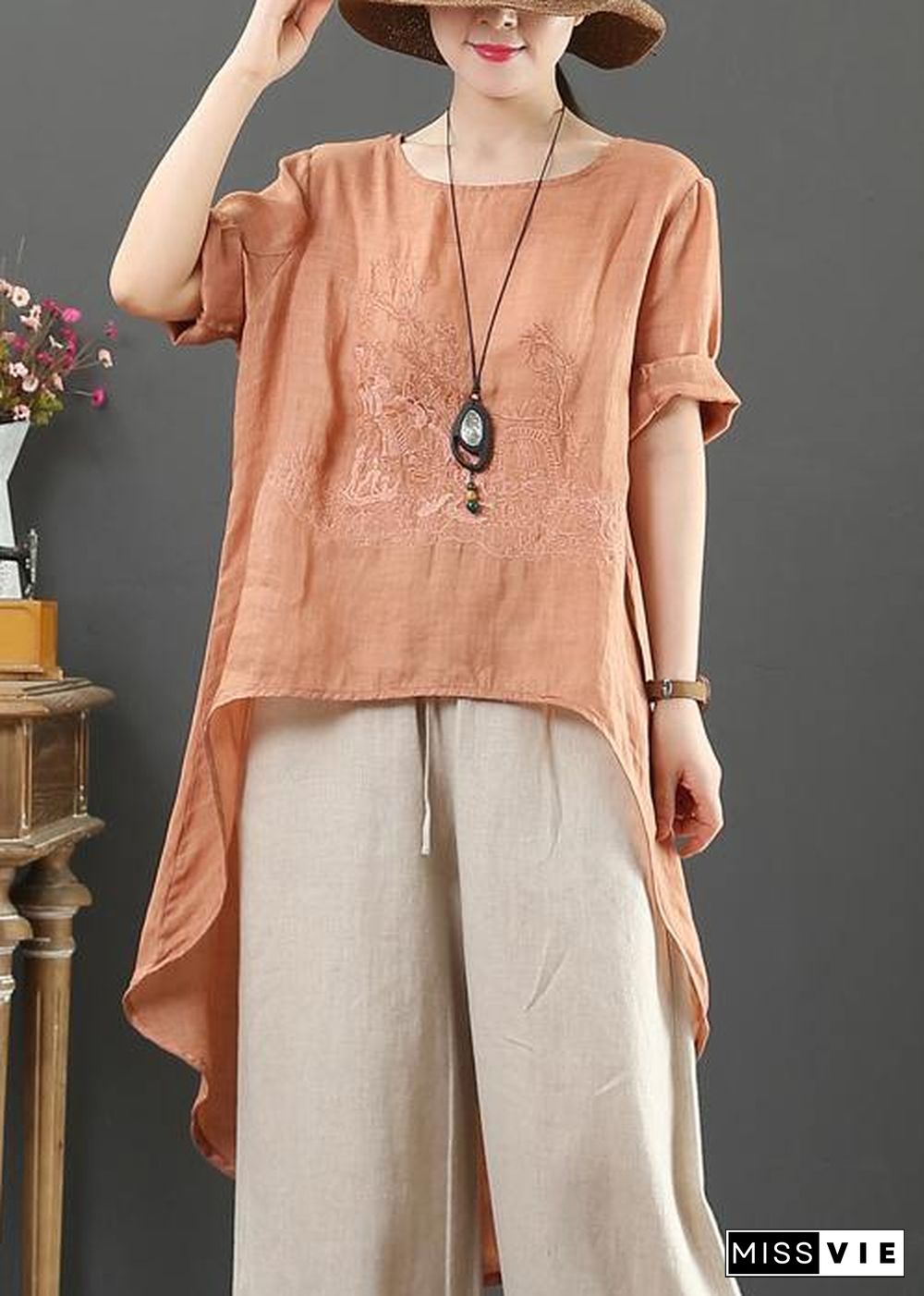 French o neck low high design cotton Blouse orange embroidery short shirt