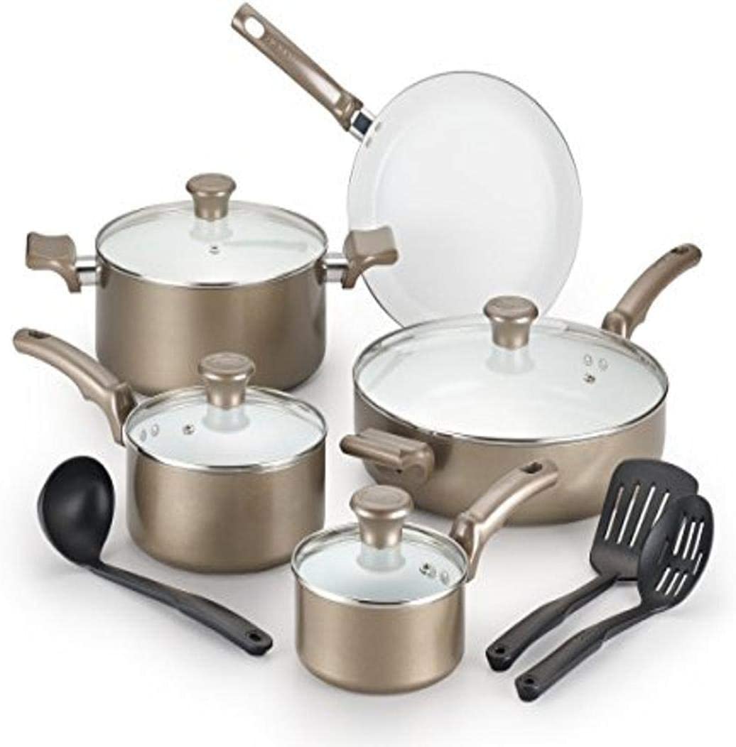 T-fal C991SE Ceramic Chef Cookware Set， 12-Piece， Champagne