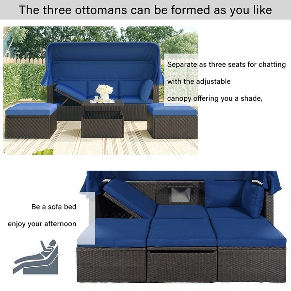 Roomfitters Outdoor Patio Rectangle Daybed with Retractable Canopy，Wicker Sectional Seating with Washable Cushions