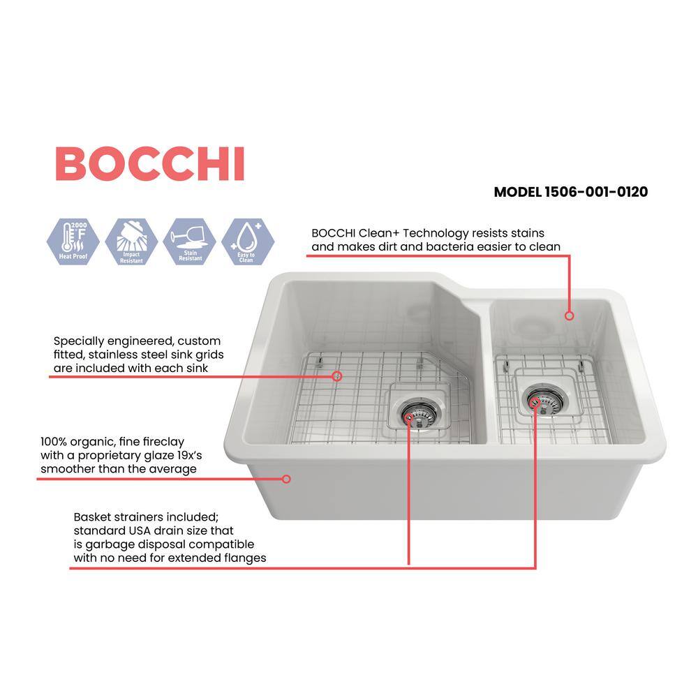 BOCCHI Sotto White Fireclay 33 in. 6040 Double Bowl Dual-Mount Kitchen Sink w Protective Bottom Grids and Strainers 1506-001-0120