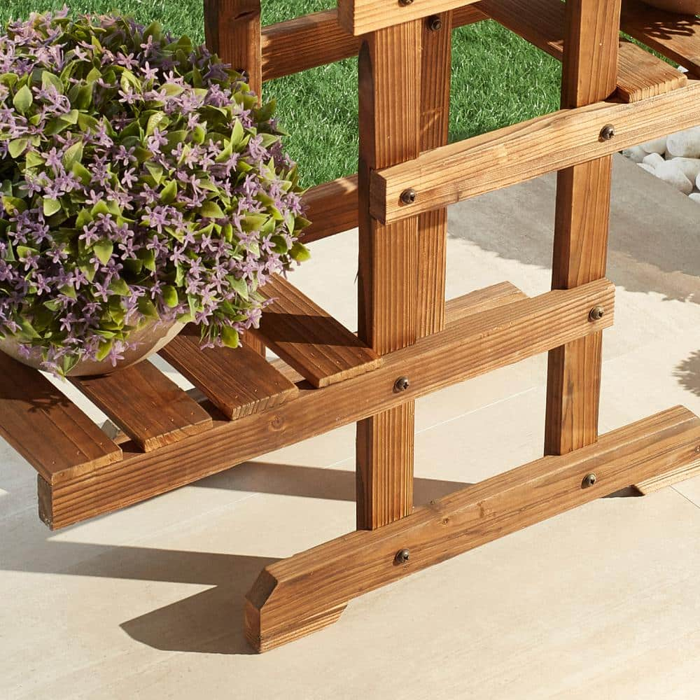 Patio Festival 19.69 in. x 27.95 in. x 9.45 in. IndoorOutdoor Natural Wood Plant Stand 3 Potted Plant Shelf Display Holder 3-Tier FD10018436