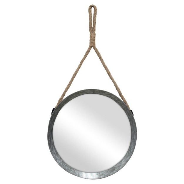 Suspended Round Galvanized Metal Wall Mirror With Rope Hanging Loop Brown silver Stonebriar Collection