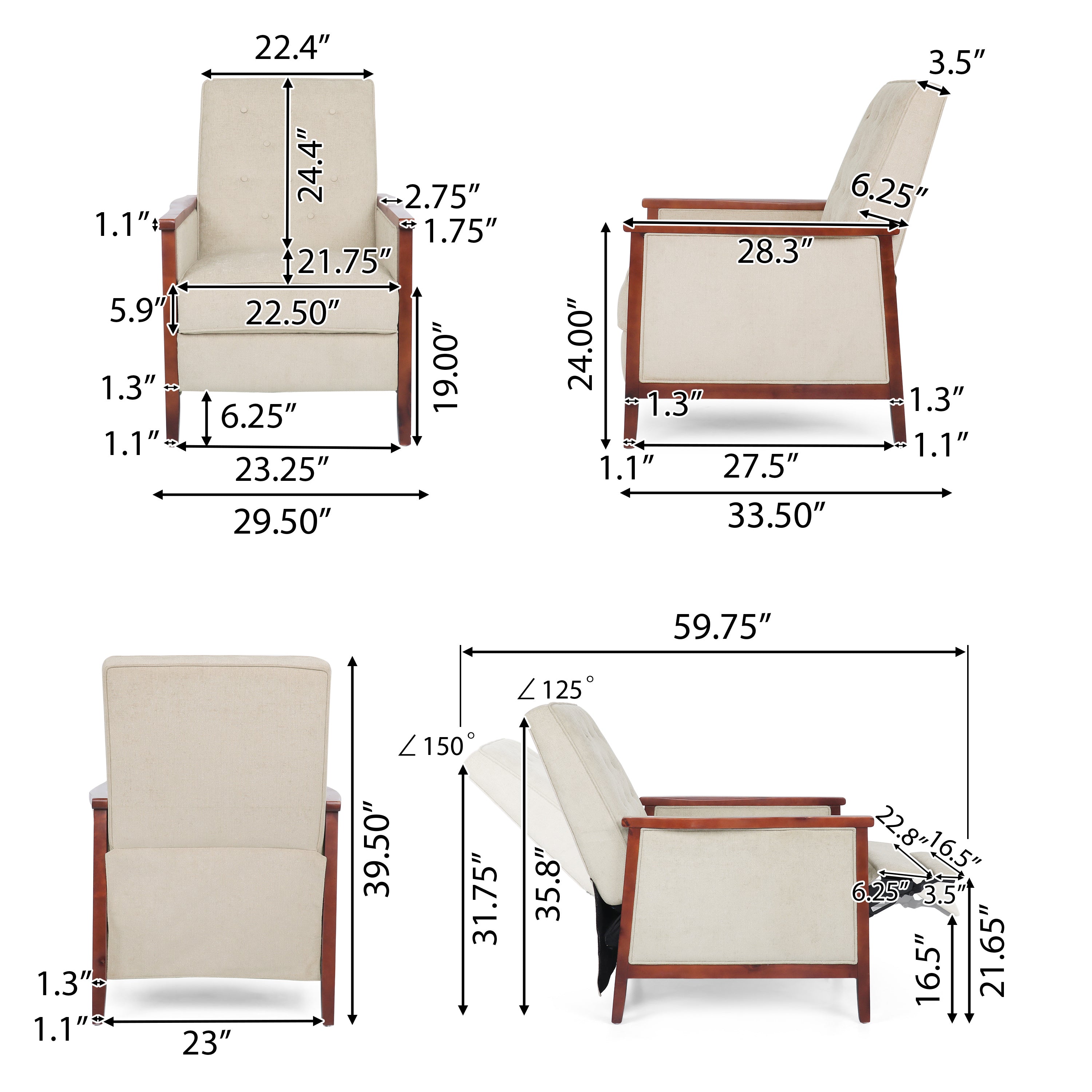 Albatros Mid Century Modern Fabric Tufted Wood Pushback Recliner