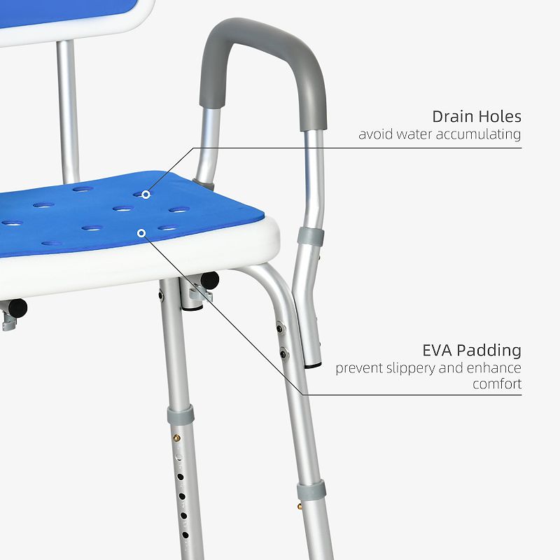 HOMCOM EVA Padded Shower Chair with Arms and Back， Bath Seat with Adjustable Height， Anti-slip Shower Bench for Seniors and Disabled， Tool-Free Assembly， 299lbs