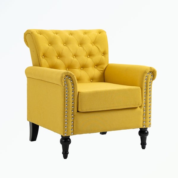 Linen Armchair with Tufted Back and Wood Legs