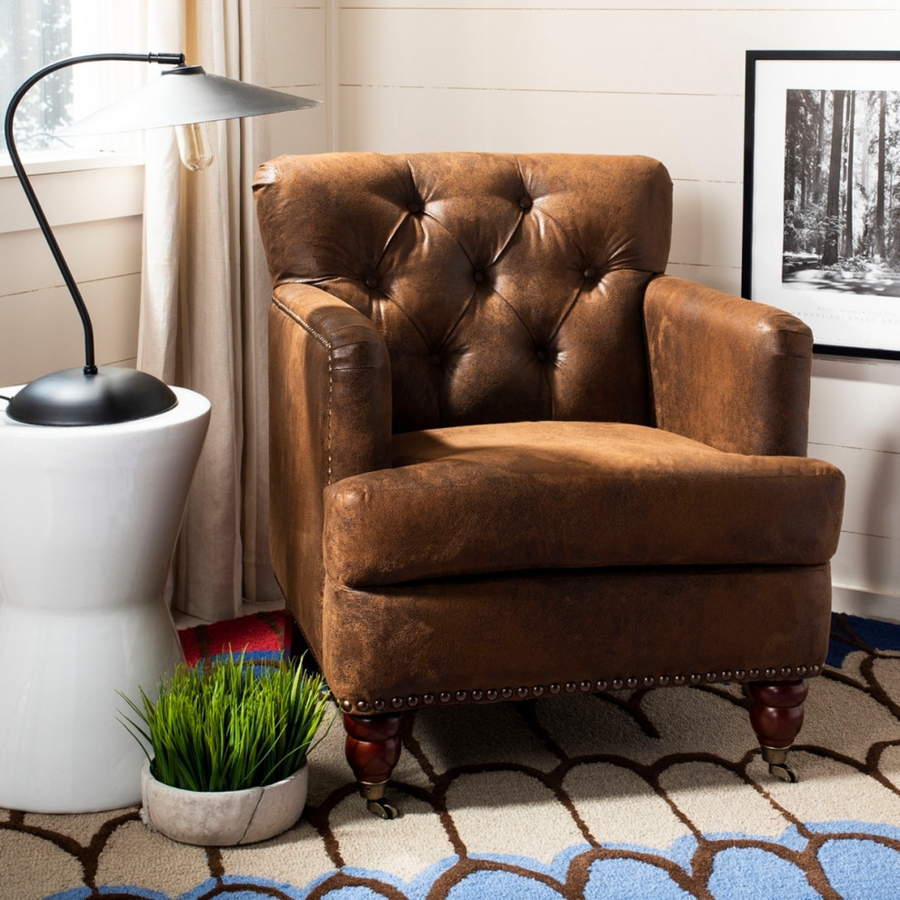 Leonard Tufted Club Chair With Brass Nail Heads Brown/Cherry Mahogany   Traditional   Armchairs And Accent Chairs   by Rustic Home Furniture Deco  Houzz