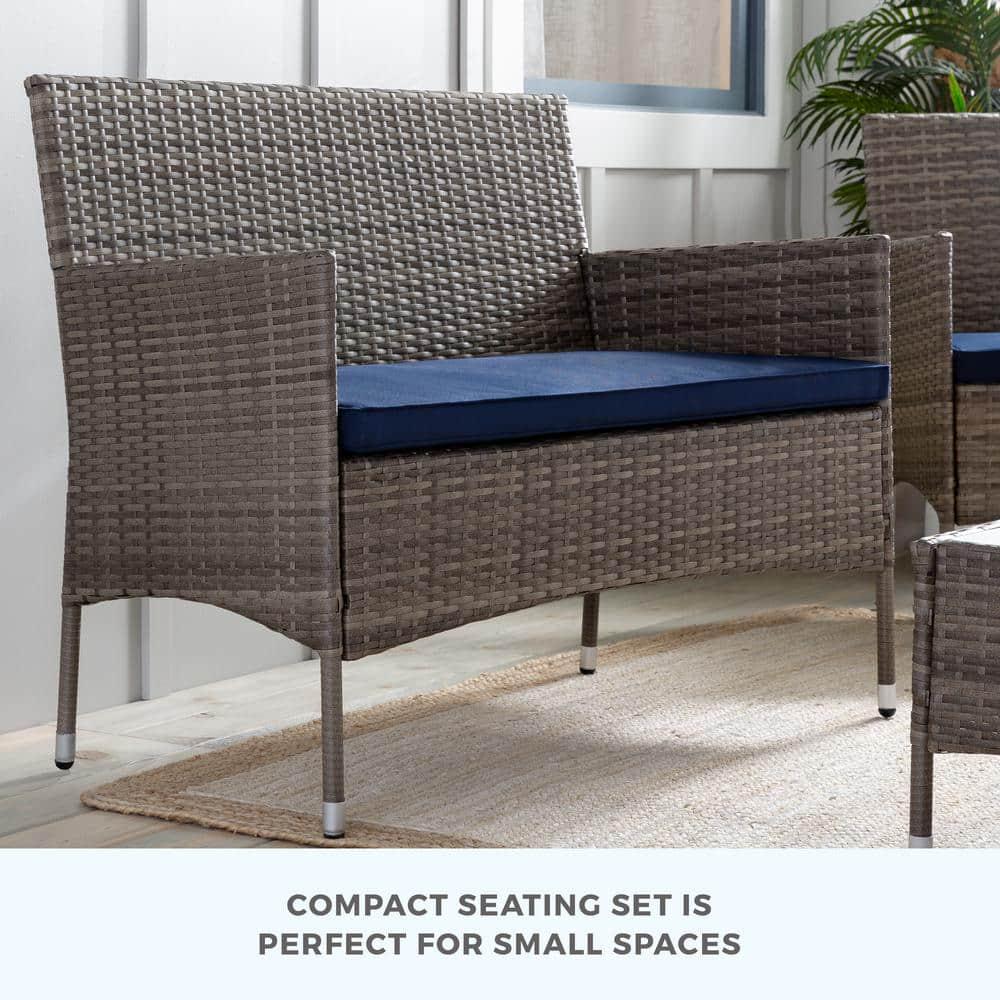 Brookside Iris Gray 4Piece Rattan Outdoor Conversation Seating Set and Patio Table with Navy Cushions