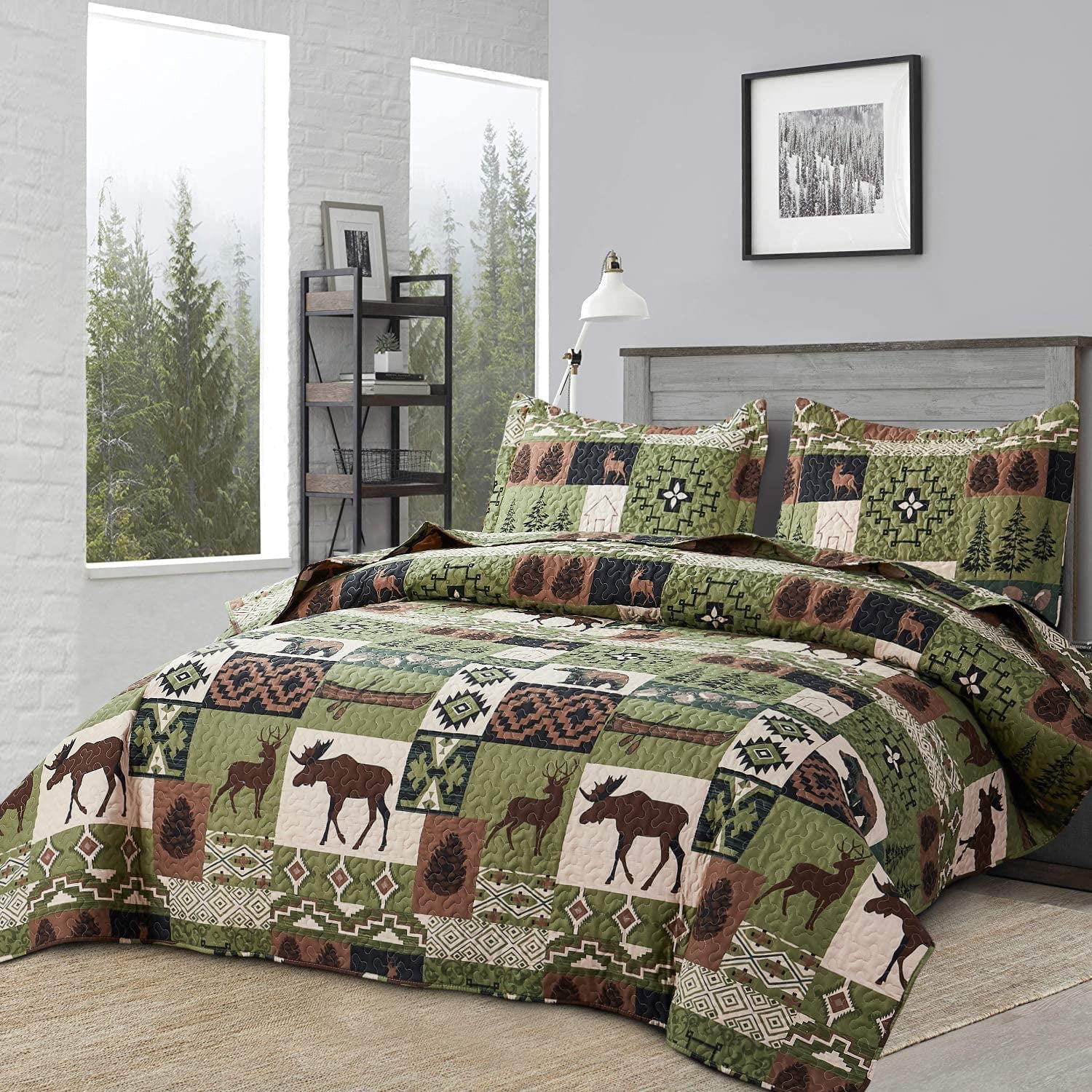 Jessy Home Queen/Full Rustic Quilt Sets Moose Bear Bedding Green Polyester Bedspread Coverlet