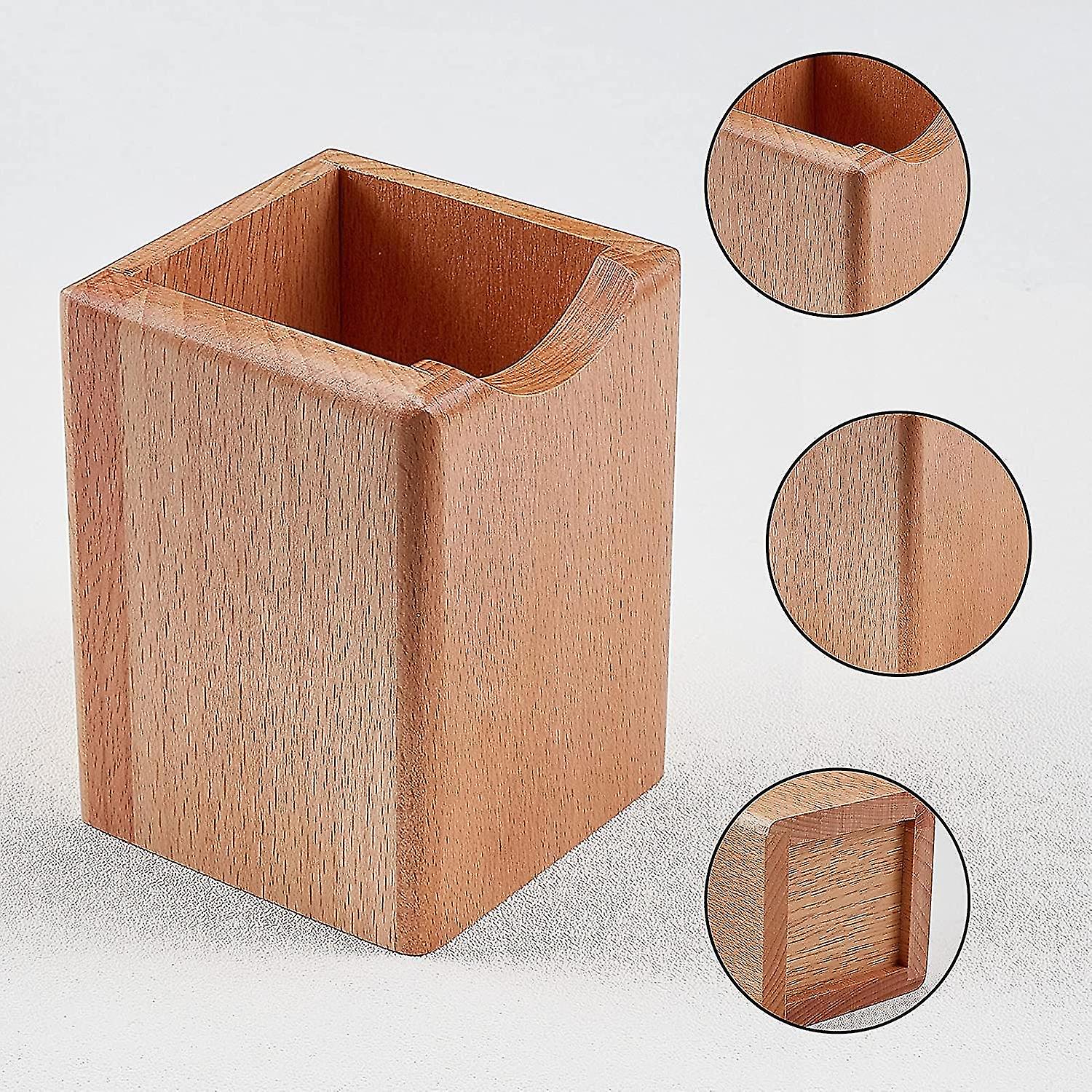 Natural Wood Desktop Pen Holder， Natural Grain Wood Pen Holder And Pencil Holder Cups， Large Square