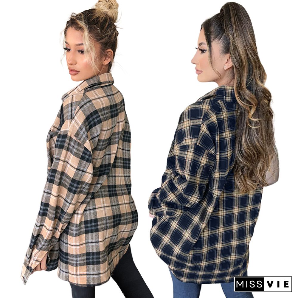 Cotton Long Sleeve Single-breasted Plaid Shirt