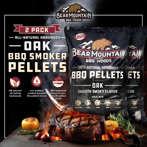 Bear Mountain Bbq Premium All Natural Hardwood Red And White Oak Wood Chip Pellets For Outdoor Gas Charcoal And Electric Grills 20 Pounds 2 Pack