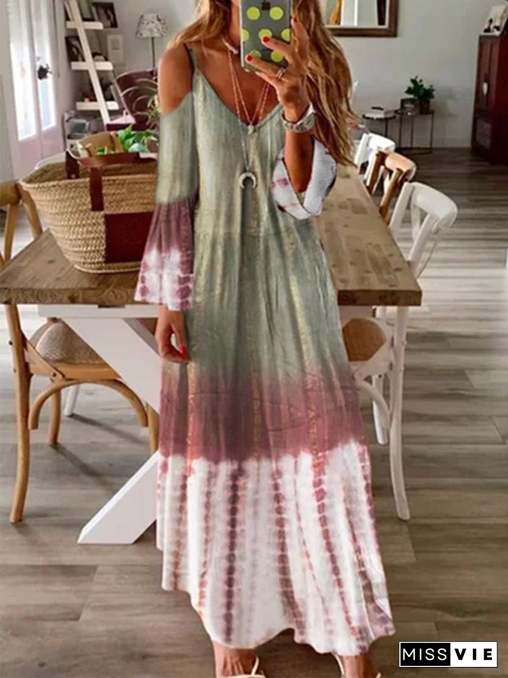 Ombre Long Sleeve Lace V Neck Plus Size Casual Dresses