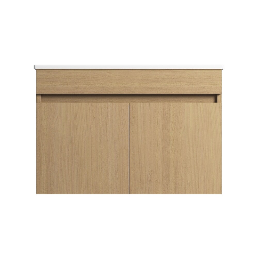 Plywood Wall Mounted Bathroom Vanity Set in Light Oak with Integrated Ceramic Sink