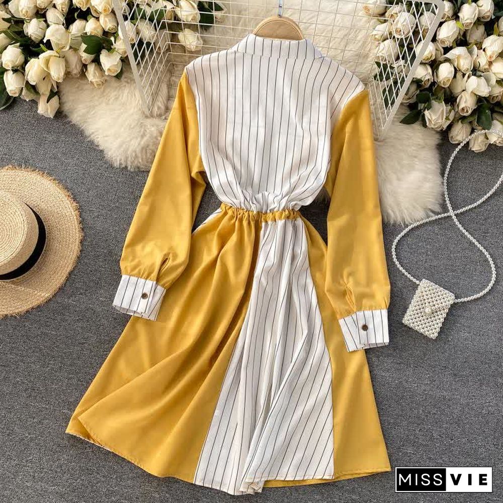 Colorblock Stripe Print Drawstring Long Sleeve Lapel Shirt Dress