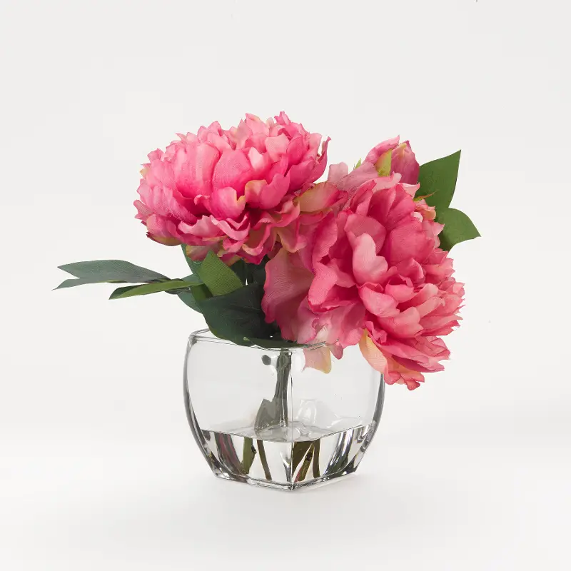 Faux Pink Peony Arrangement in Glass Cube