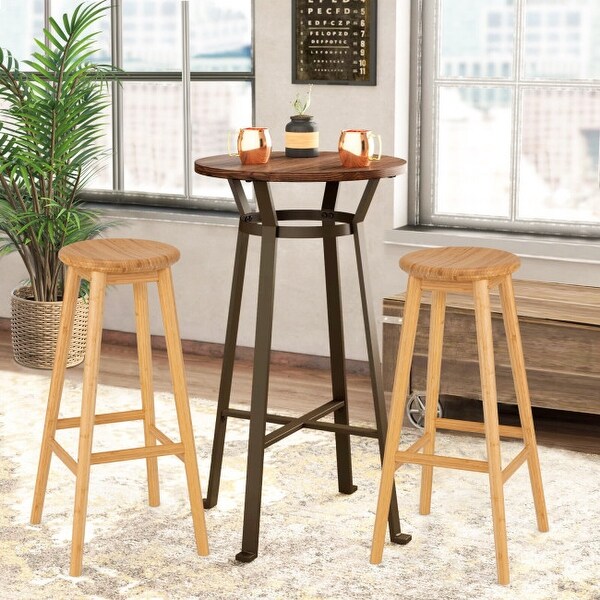 Set of 2 Bamboo Backless Pub Barstools with Round Seat and Footrest-Natural - 15