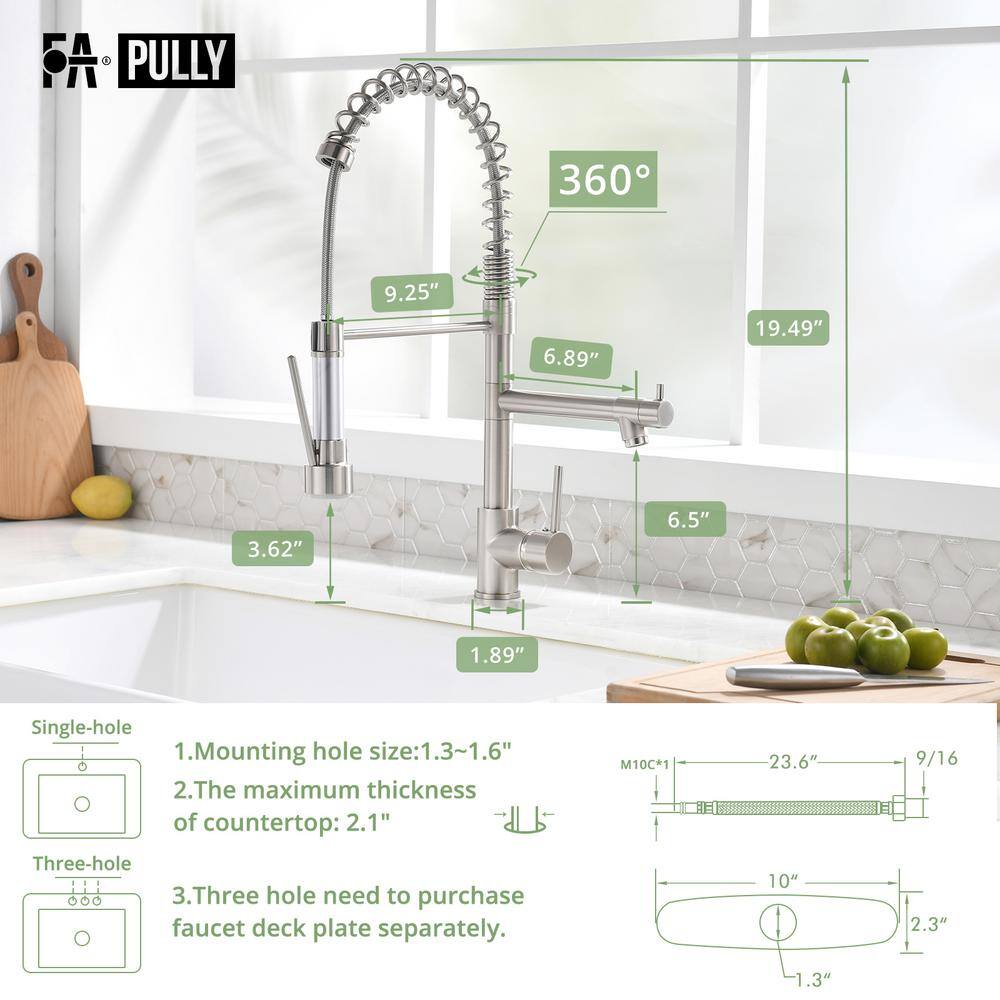 Fapully Commercial Single Handle Pull Down Sprayer Kitchen Faucet in Brushed Nickel Stainless Steel Spring Kitchen Sink Faucet DFA-1007N