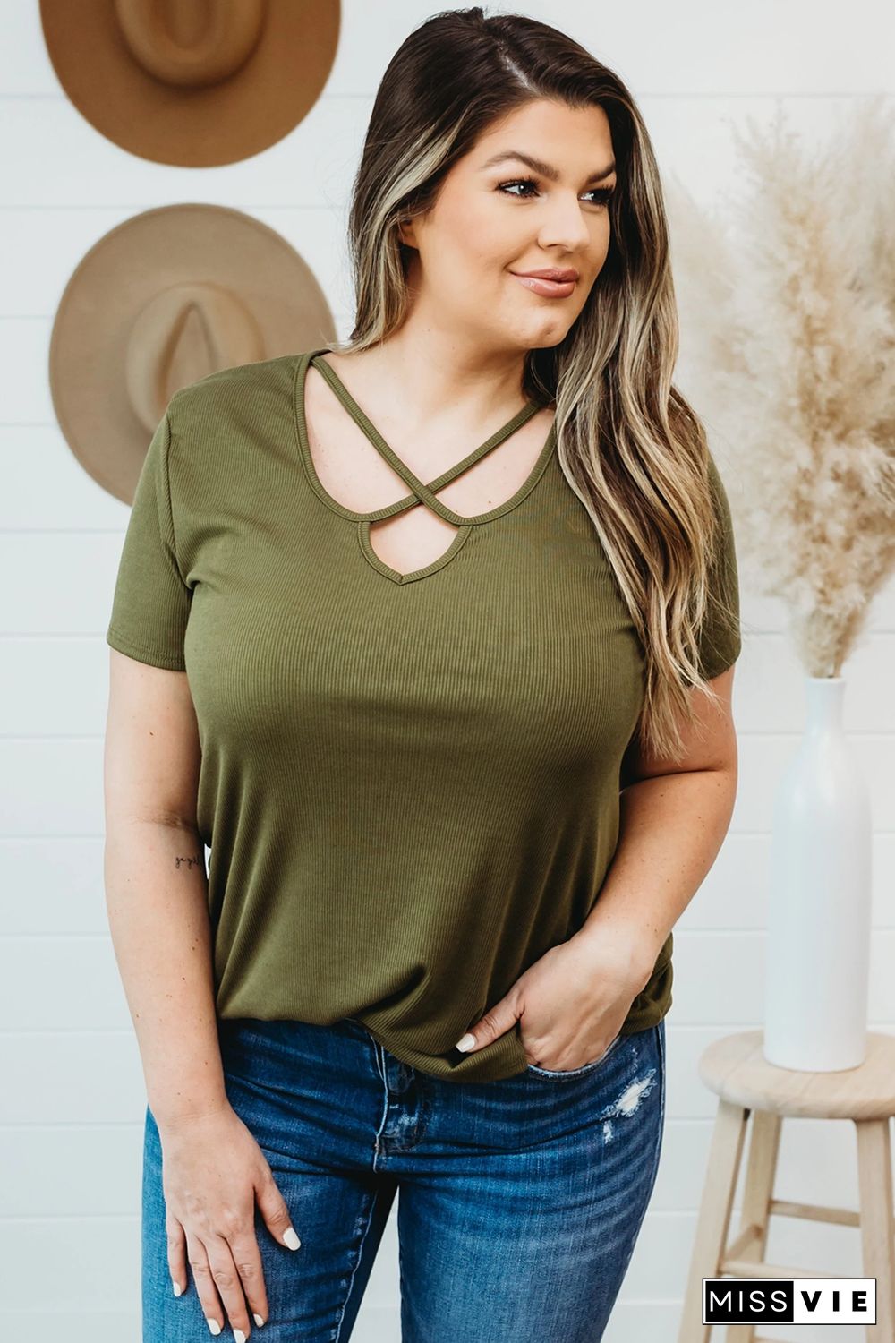 Army Green Plus Size Crisscross Ribbed Knit T-shirt