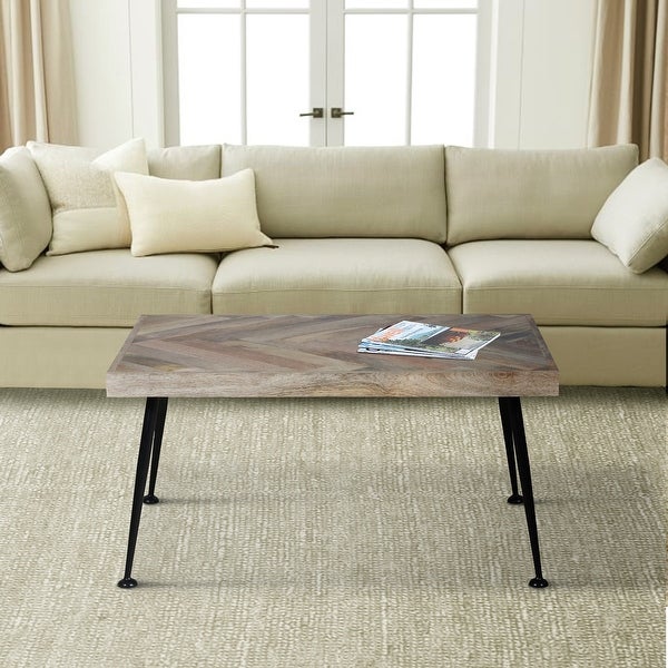 36 Inch Rectangular Mango Wood Coffee Table for iving Room， Home， Office， Herringbone Design， Iron Legs， Brown， Black