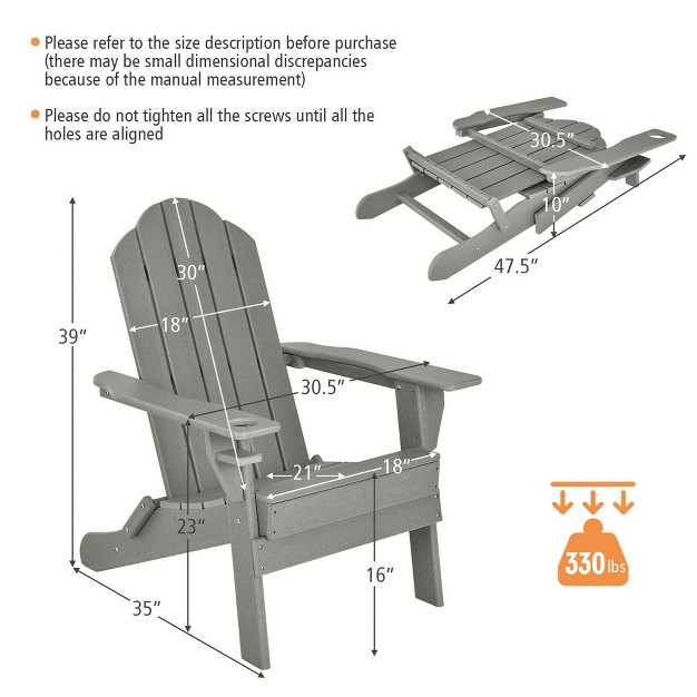 Costway 2pcs Patio Folding Adirondack Chair Weather Resistant Cup Holder Yard