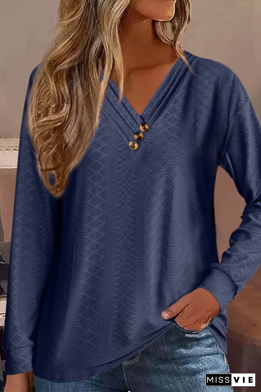 Jacquard Button Front V Neck Blouse