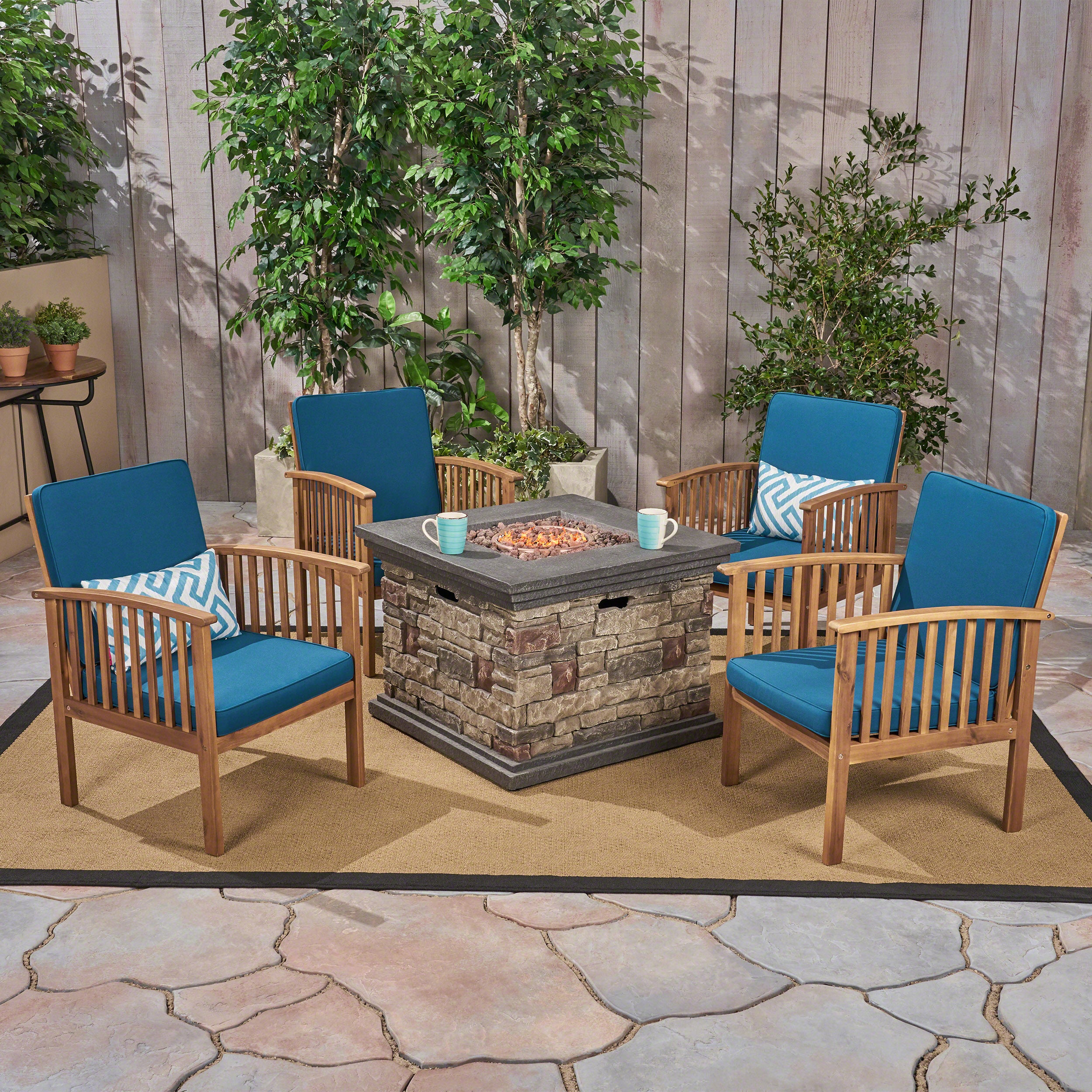 Cape Outdoor 4-Seater Acacia Wood Club Chairs with Firepit, Brown Patina Finish and Cream and Stone