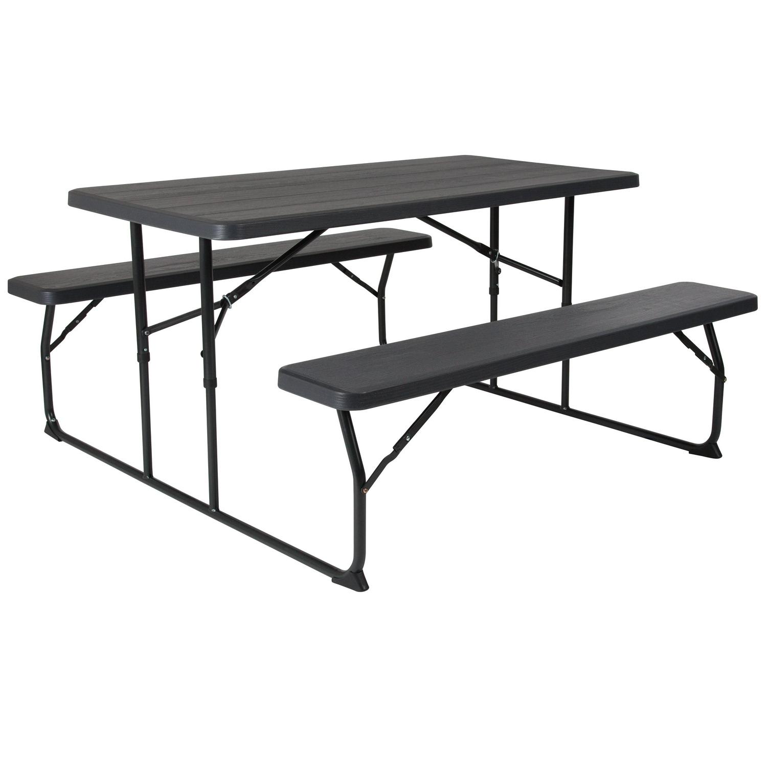 Flash Furniture Insta-Fold Charcoal Wood Grain Folding Picnic Table and Benches  4.5 Foot Folding Table