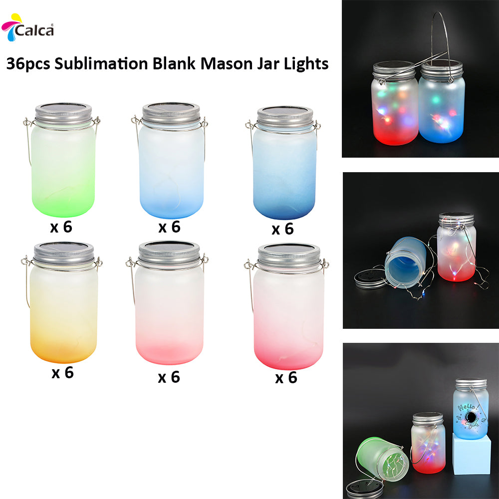 CALCA 36 Pack Mason Jar Lanterns 16oz Sublimation Blanks Frosted Gradient Mason Jar Lights with Solar Lid and Handle for Patio Yard Garden Party Wedding Christmas 6pcs x 6 Colors