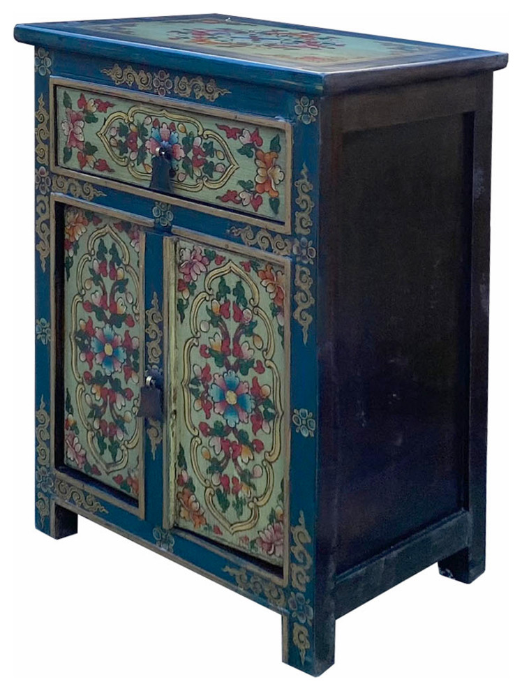 Teal Blue Light Green Tibetan Style Floral End Table Nightstand Hcs7077   Asian   Side Tables And End Tables   by Golden Lotus Antiques  Houzz