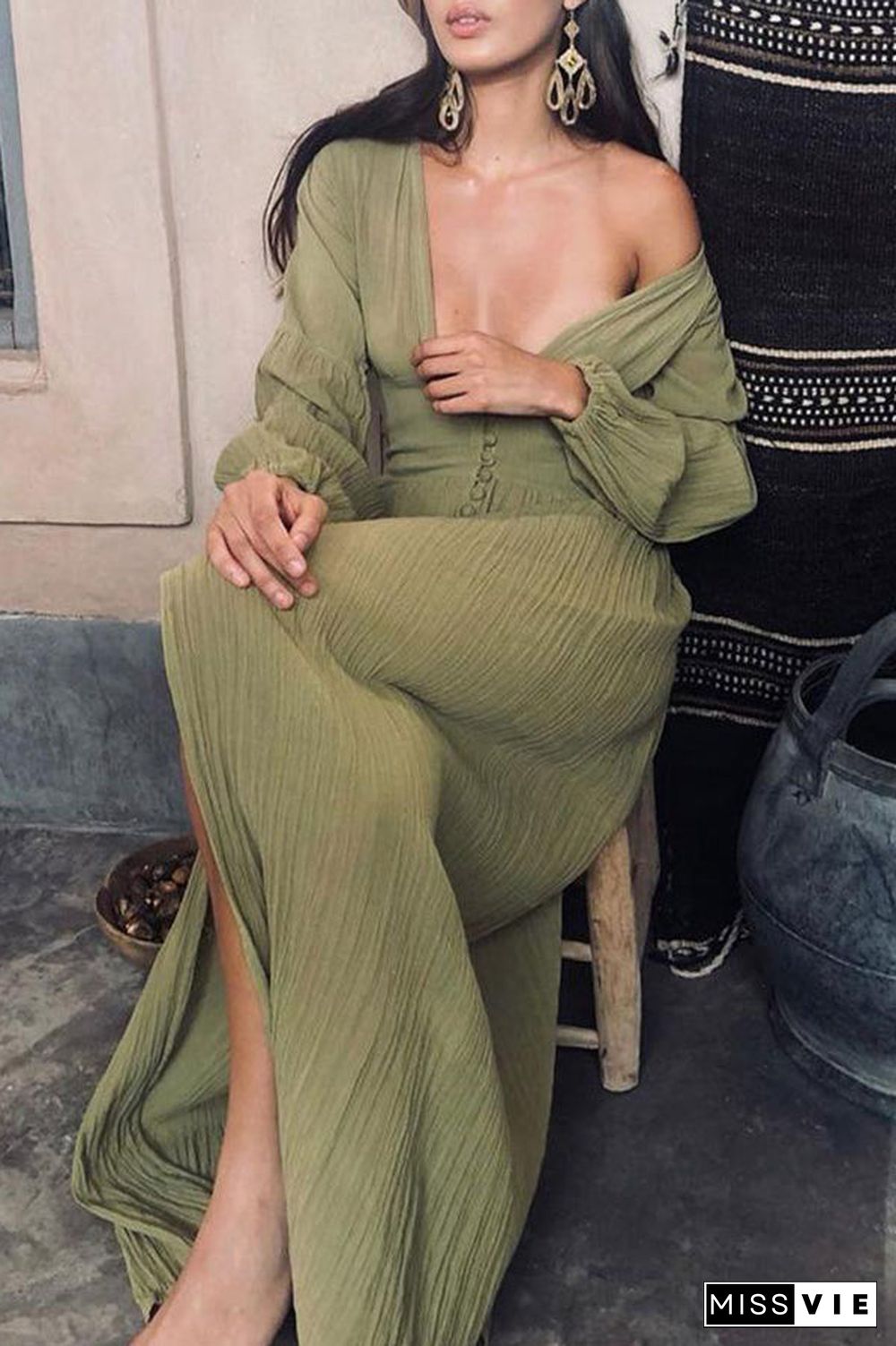 Plunging Button Long Sleeve Maxi Dress