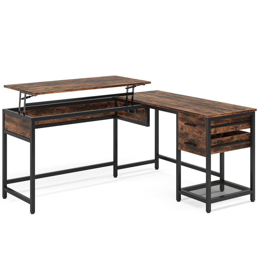 TRIBESIGNS WAY TO ORIGIN 59 in. L-Shaped Rustic Brown Wood 2 Drawer Computer Desk with Lift Top and Shelf HD-F1607