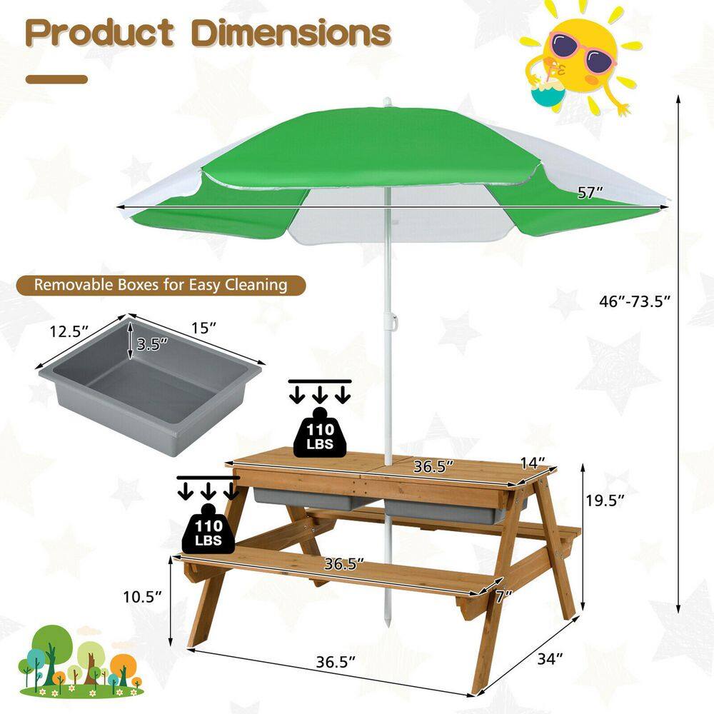 SUNRINX 3-in-1 Kids Outdoor Picnic Water Sand Table with Umbrella Play Boxes-Green MG20-23HWJJ