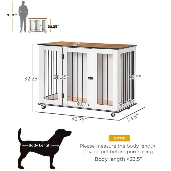 PawHut Modern Dog Crate End Table with Easy to Clean Surface， Large Dog Crate Furniture on Wheels， White