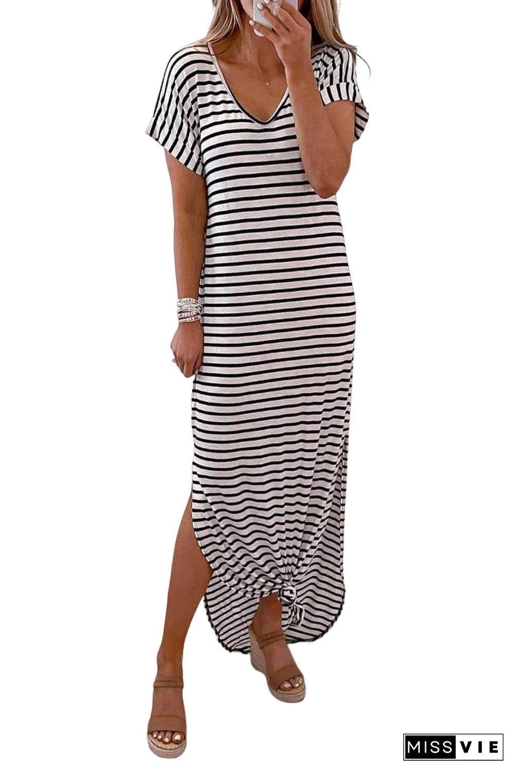 Black Striped Print Side Split Short Sleeve V Neck Maxi Dress