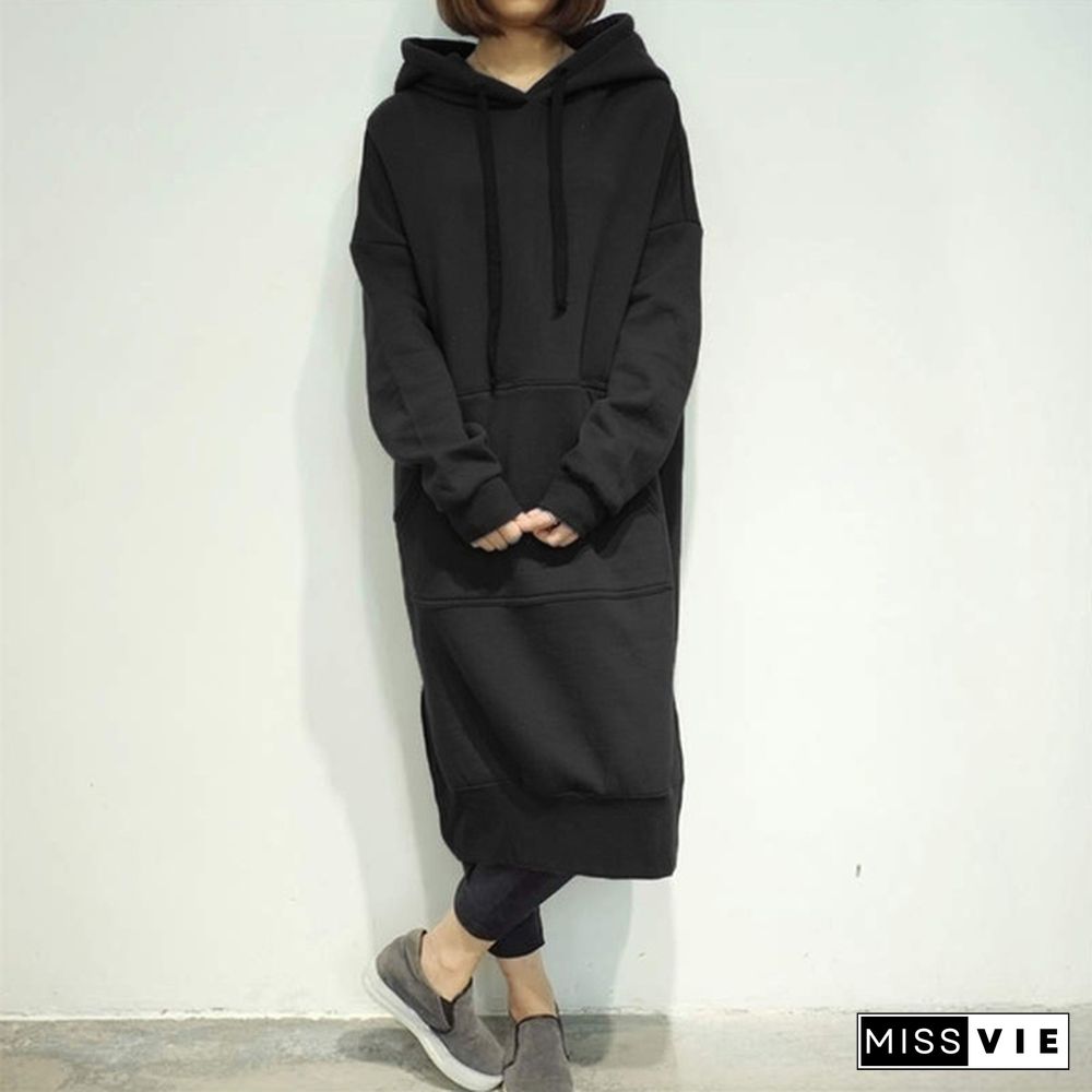 Women Autumn Winter Casual Long Hooded Pullovers Loose Fleece Long Oversized Hoodie Dress S-5XL