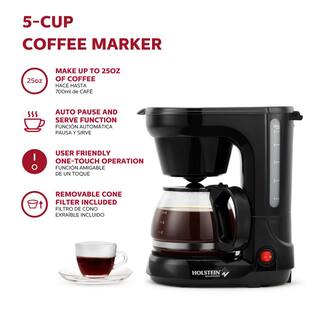 HOLSTEIN HOUSEWARES 5-Cup Black Drip Coffee Maker with Removable Conical Permanent Filter HH-0914701B