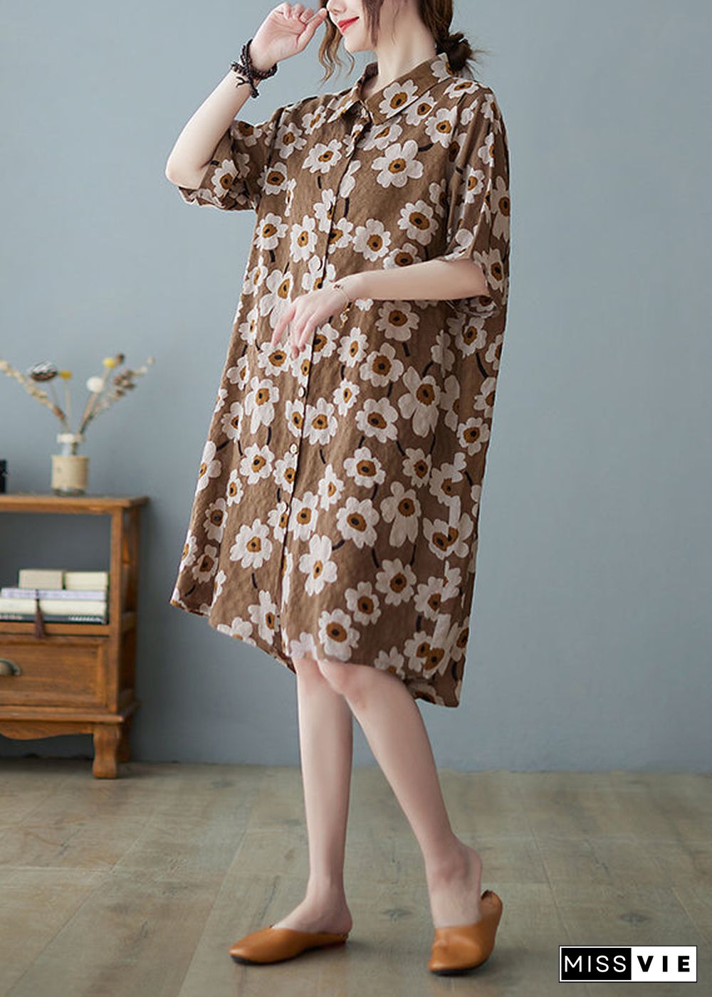 Modern Yellow Button Stand Collar Floral Print Party Dress Half Sleeve