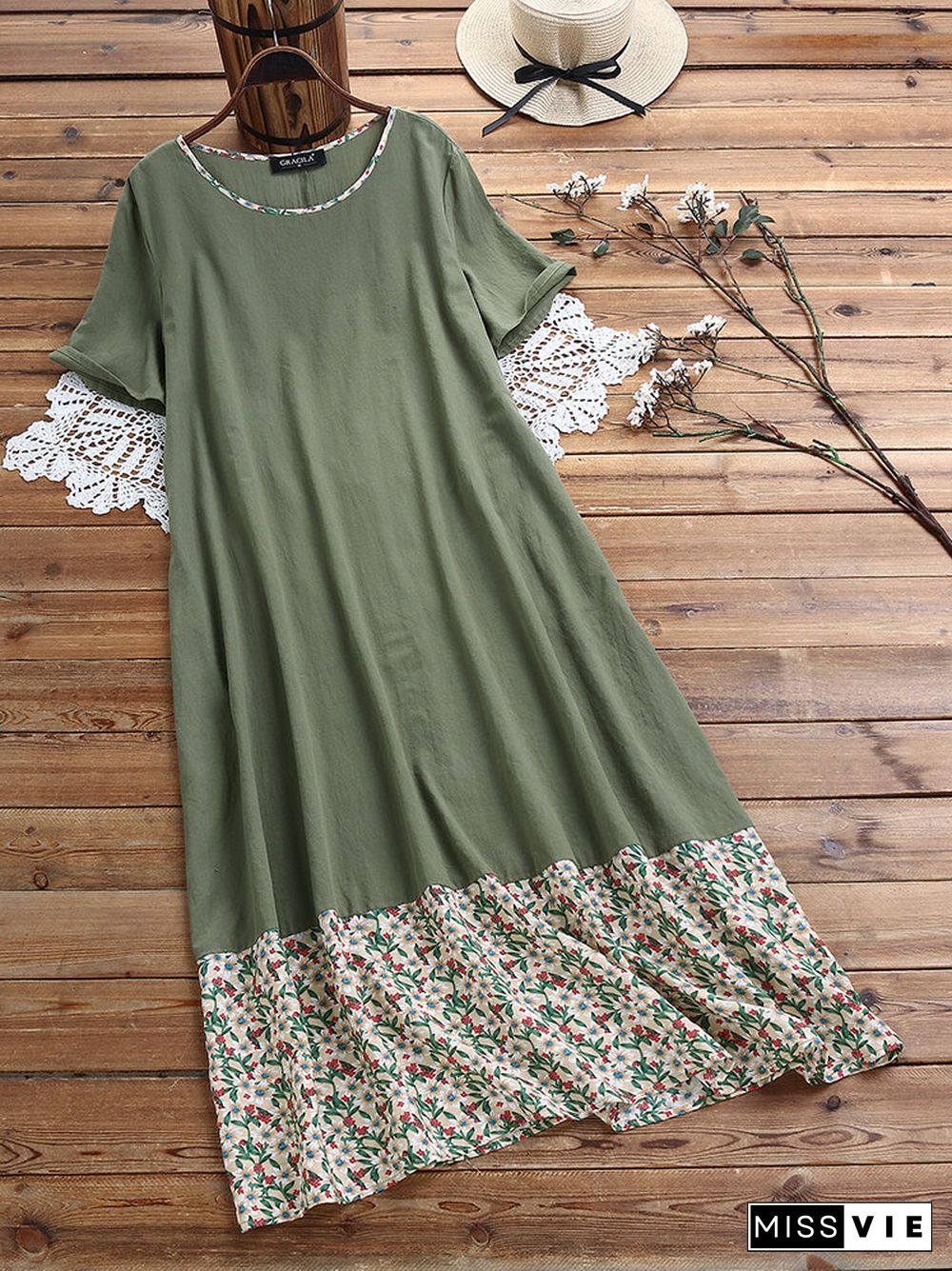 Floral Printed Patchwork Vintage Crew Neck Short Sleeve Maxi Dress