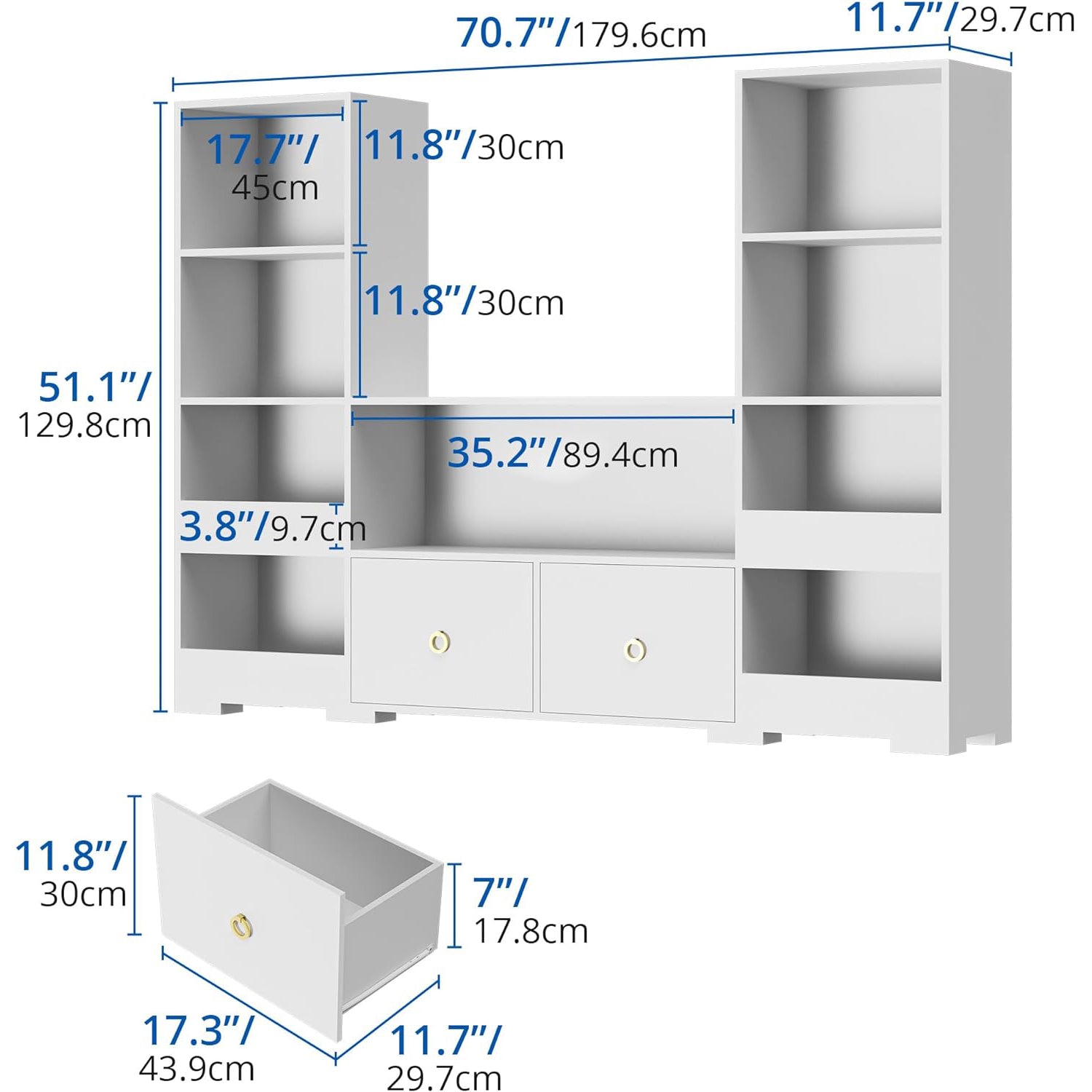 Combination Bookshelf U-Shaped Storage Shelf with 9 Cubes and 2 Drawers