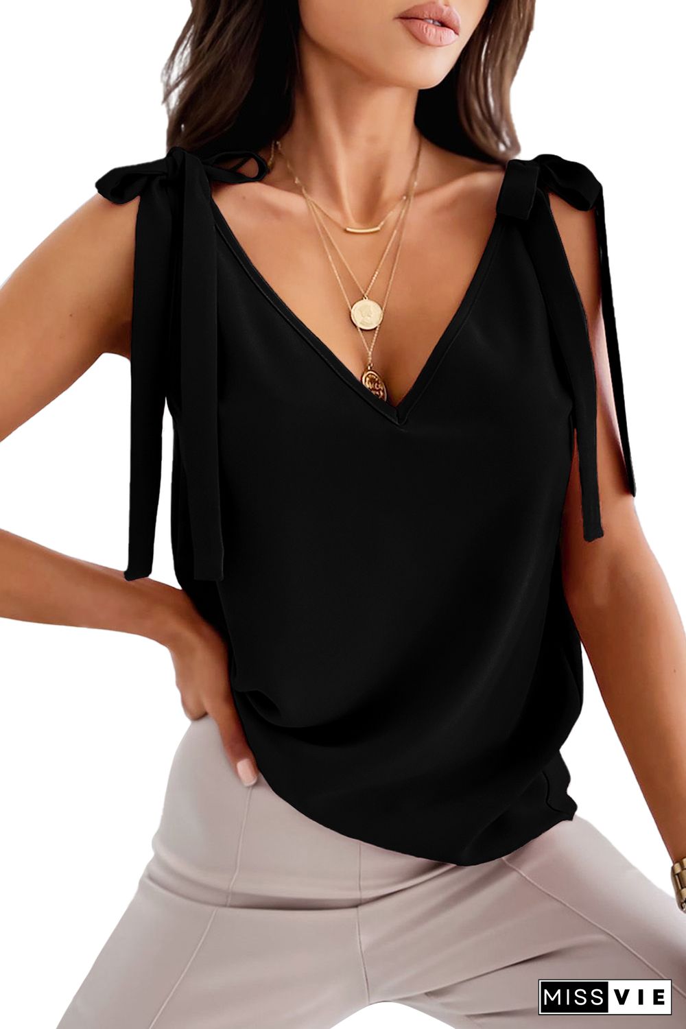 Black Tie On Shoulder V Neck Tank Top