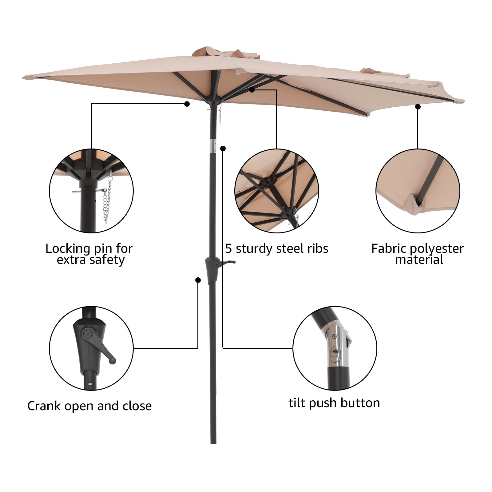 COBANA 9’ Half Round Patio Outdoor Umbrella with Crank for Deck, Balcony, Garden, Beige