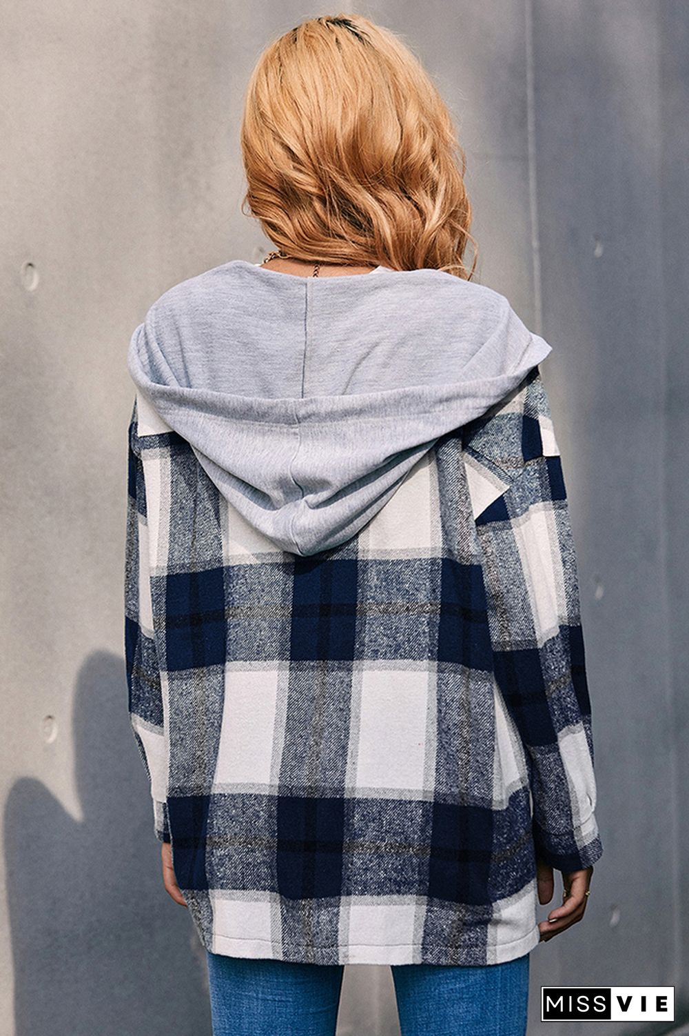 Plaid Button Front Hoodies Shacket Jacket Women Wholesale