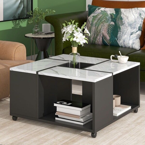 Modern Square 2layer Coffee Table with Casters and Removable Tray