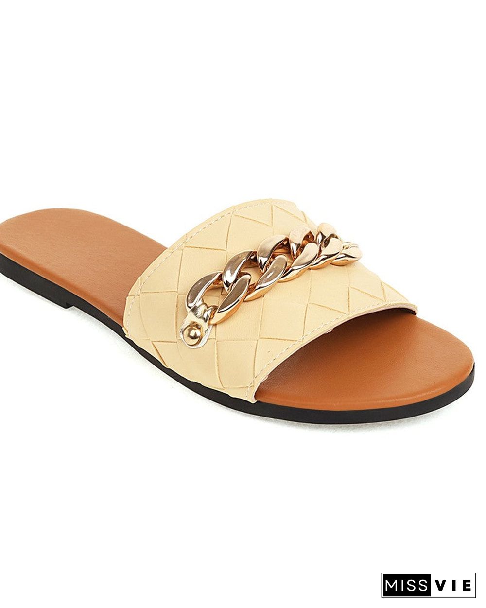 Round-toe Solid Color Weave Splicing Chain Flat Slippers