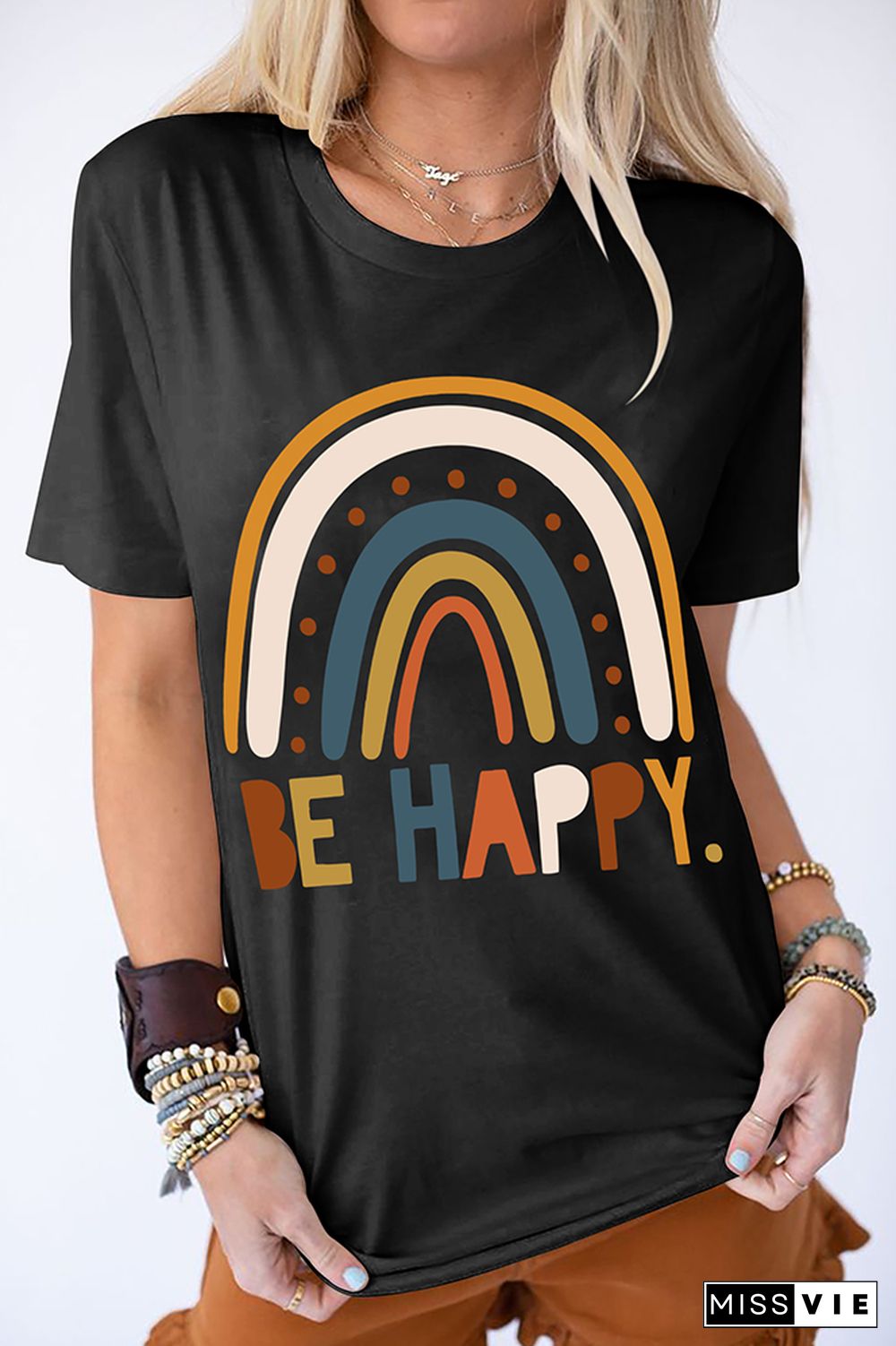 Be Happy Print Graphic Tees for Women Wholesale Short Sleeve T shirts Top