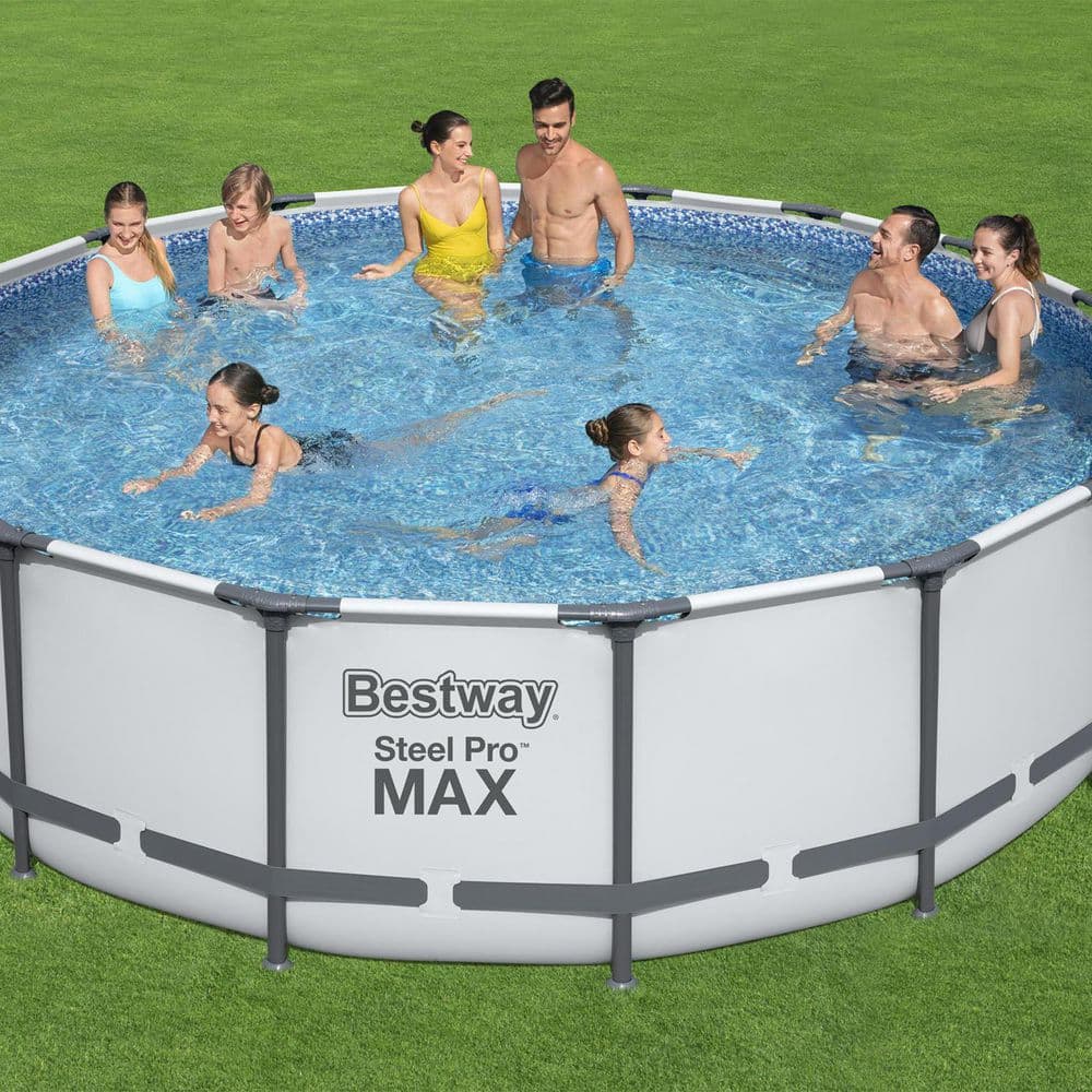 Bestway Pro MAX 16 ft. x 16 ft. Round 48 in. Metal Frame Above Ground Swimming Pool with Pump & Cover 5613AE-BW