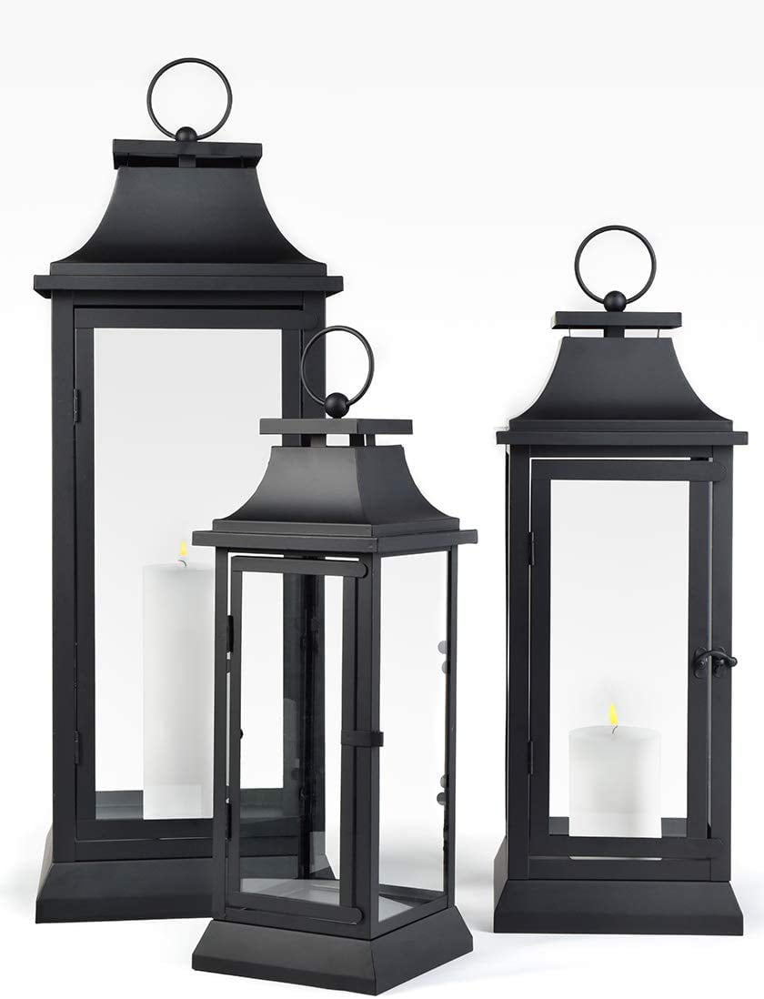 Serene Spaces Living Black Hurricane Lanterns with Clear Glass Panels， 15